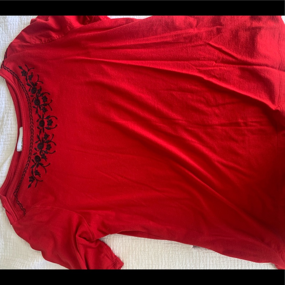 Red boat neck top with embroidery detail